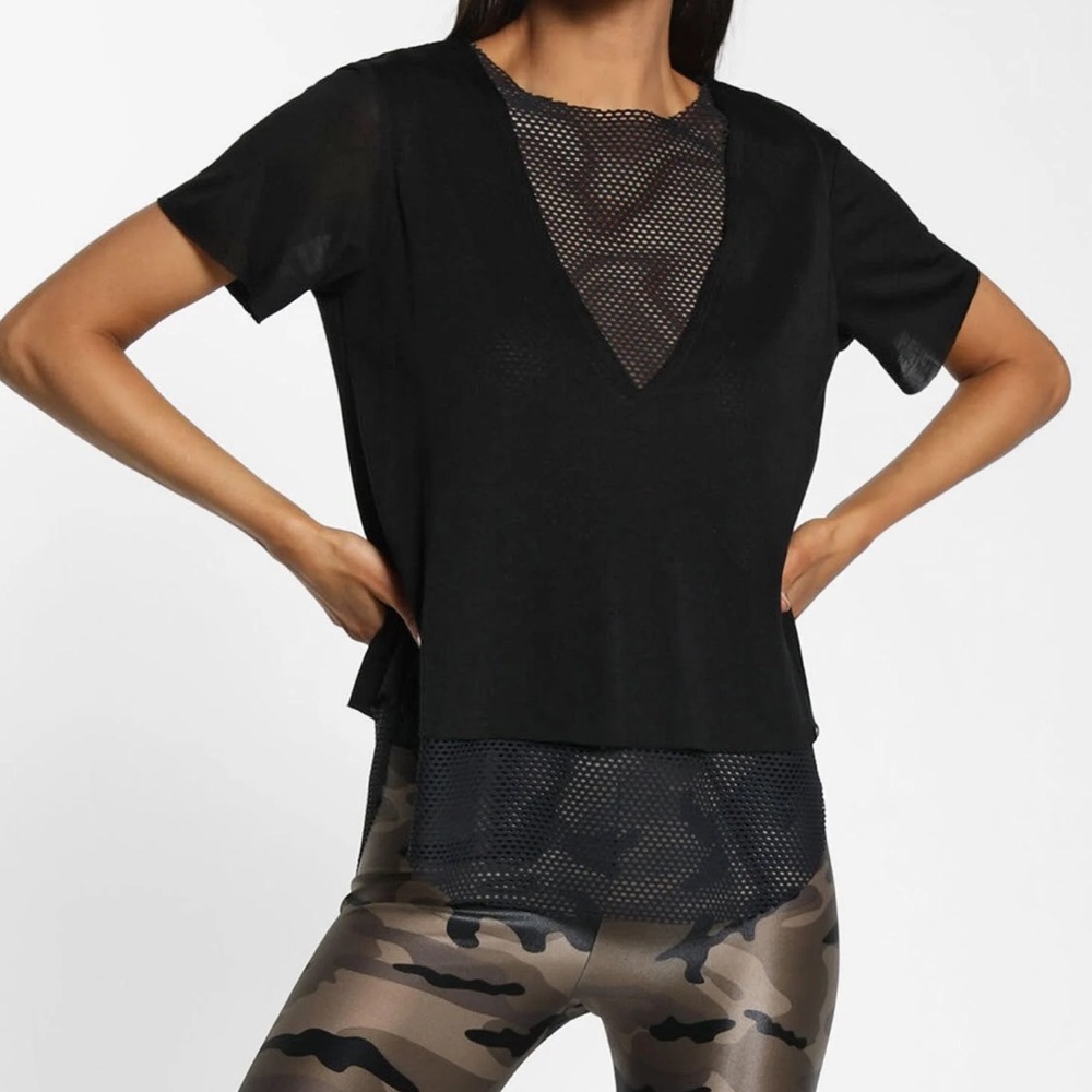 Koral Activewear V Neck Athleisure Mesh Double Layer Short Sleeve Tee Xsmall